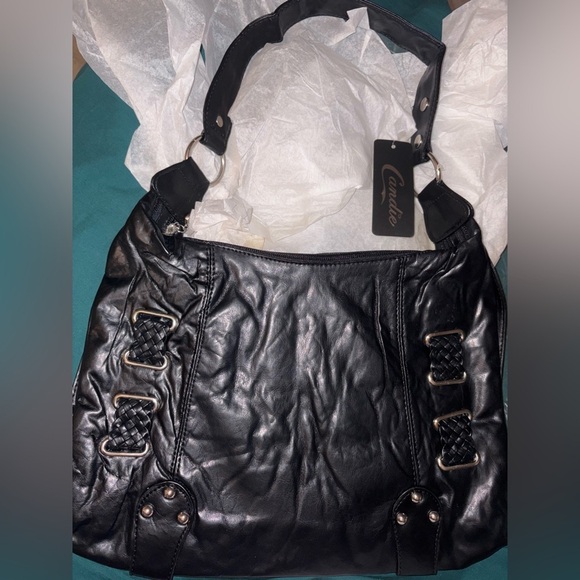 New Black, leather gold buckle ring hardware Harley Davidson inspired hobo bag - Picture 3 of 11